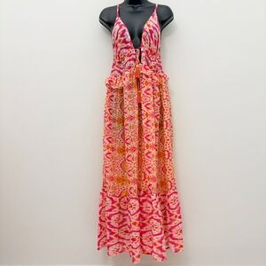 La Moda Clothing Pink Orange Ikat Print Tassel Maxi Dress SM Boho Resortwear